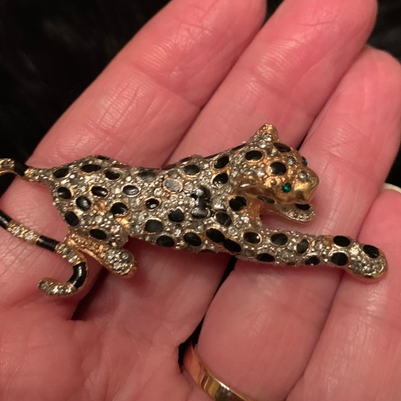 Vintage Panther Cheetah bangle bracelet,ring & pin. Gold black enamel & crystals - Picture 6 of 11